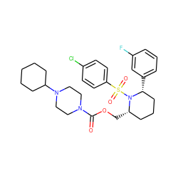 O=C(OC[C@H]1CCC[C@@H](c2cccc(F)c2)N1S(=O)(=O)c1ccc(Cl)cc1)N1CCN(C2CCCCC2)CC1 ZINC000028816511