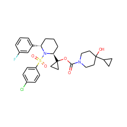 O=C(OC1([C@@H]2CCC[C@@H](c3cccc(F)c3)N2S(=O)(=O)c2ccc(Cl)cc2)CC1)N1CCC(O)(C2CC2)CC1 ZINC000028879457