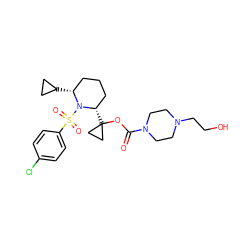 O=C(OC1([C@H]2CCC[C@@H](C3CC3)N2S(=O)(=O)c2ccc(Cl)cc2)CC1)N1CCN(CCO)CC1 ZINC000028827227