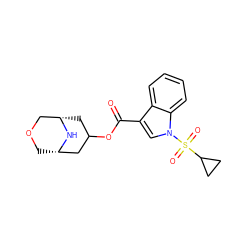 O=C(OC1C[C@H]2COC[C@@H](C1)N2)c1cn(S(=O)(=O)C2CC2)c2ccccc12 ZINC001772625785