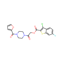 O=C(OCC(=O)N1CCN(C(=O)c2ccco2)CC1)c1sc2cc(F)ccc2c1Cl ZINC000003318674