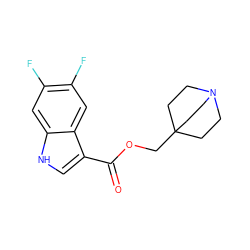 O=C(OCC12CCN(CC1)CC2)c1c[nH]c2cc(F)c(F)cc12 ZINC001772618919