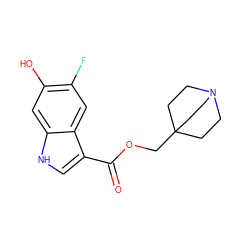 O=C(OCC12CCN(CC1)CC2)c1c[nH]c2cc(O)c(F)cc12 ZINC001772587278