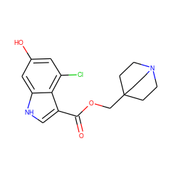 O=C(OCC12CCN(CC1)CC2)c1c[nH]c2cc(O)cc(Cl)c12 ZINC001772640010