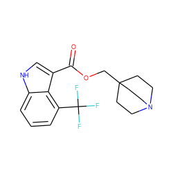 O=C(OCC12CCN(CC1)CC2)c1c[nH]c2cccc(C(F)(F)F)c12 ZINC001772657123