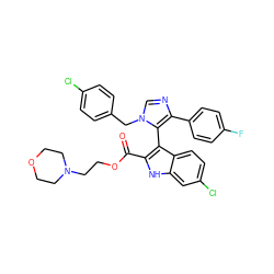 O=C(OCCN1CCOCC1)c1[nH]c2cc(Cl)ccc2c1-c1c(-c2ccc(F)cc2)ncn1Cc1ccc(Cl)cc1 ZINC001772579337
