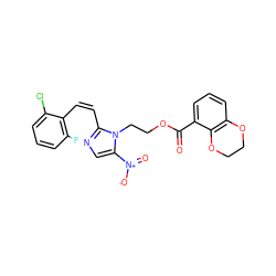 O=C(OCCn1c([N+](=O)[O-])cnc1/C=C\c1c(F)cccc1Cl)c1cccc2c1OCCO2 ZINC000169337277