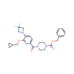 O=C(OCc1ccccc1)N1CCN(C(=O)c2ccc(N3CC(F)(F)C3)c(OCC3CC3)n2)CC1 ZINC000146351265