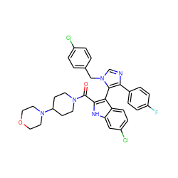 O=C(c1[nH]c2cc(Cl)ccc2c1-c1c(-c2ccc(F)cc2)ncn1Cc1ccc(Cl)cc1)N1CCC(N2CCOCC2)CC1 ZINC001772638683