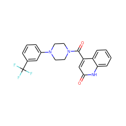 O=C(c1cc(=O)[nH]c2ccccc12)N1CCN(c2cccc(C(F)(F)F)c2)CC1 ZINC000013598230