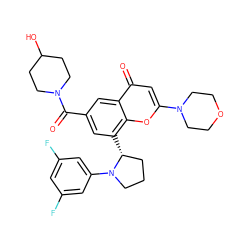 O=C(c1cc([C@@H]2CCCN2c2cc(F)cc(F)c2)c2oc(N3CCOCC3)cc(=O)c2c1)N1CCC(O)CC1 ZINC000219118341