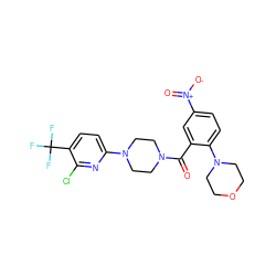 O=C(c1cc([N+](=O)[O-])ccc1N1CCOCC1)N1CCN(c2ccc(C(F)(F)F)c(Cl)n2)CC1 ZINC000034444581