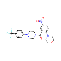 O=C(c1cc([N+](=O)[O-])ccc1N1CCOCC1)N1CCN(c2ccc(C(F)(F)F)cc2)CC1 ZINC000040429290