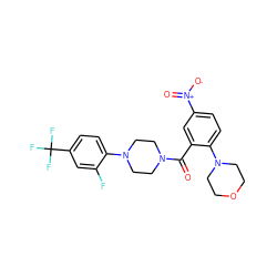 O=C(c1cc([N+](=O)[O-])ccc1N1CCOCC1)N1CCN(c2ccc(C(F)(F)F)cc2F)CC1 ZINC000040952508