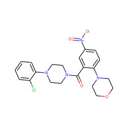 O=C(c1cc([N+](=O)[O-])ccc1N1CCOCC1)N1CCN(c2ccccc2Cl)CC1 ZINC000045496532