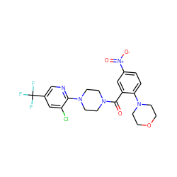 O=C(c1cc([N+](=O)[O-])ccc1N1CCOCC1)N1CCN(c2ncc(C(F)(F)F)cc2Cl)CC1 ZINC000014910050