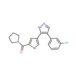 O=C(c1cc(-c2[nH]ncc2-c2cccc(Cl)c2)c[nH]1)N1CCCC1 ZINC000014959113