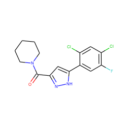 O=C(c1cc(-c2cc(F)c(Cl)cc2Cl)[nH]n1)N1CCCCC1 ZINC000064645747