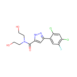 O=C(c1cc(-c2cc(F)c(Cl)cc2Cl)n[nH]1)N(CCO)CCO ZINC000040862710