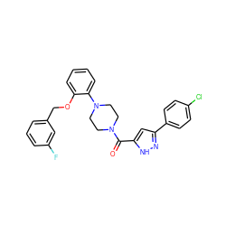 O=C(c1cc(-c2ccc(Cl)cc2)n[nH]1)N1CCN(c2ccccc2OCc2cccc(F)c2)CC1 ZINC000071296428