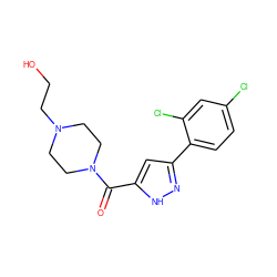 O=C(c1cc(-c2ccc(Cl)cc2Cl)n[nH]1)N1CCN(CCO)CC1 ZINC000040833730