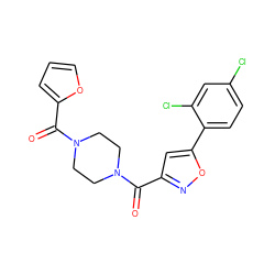 O=C(c1cc(-c2ccc(Cl)cc2Cl)on1)N1CCN(C(=O)c2ccco2)CC1 ZINC000000815147