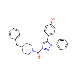 O=C(c1cc(-c2ccc(O)cc2)n(-c2ccccc2)n1)N1CCC(Cc2ccccc2)CC1 ZINC001772601777