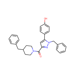 O=C(c1cc(-c2ccc(O)cc2)n(Cc2ccccc2)n1)N1CCC(Cc2ccccc2)CC1 ZINC001772643148