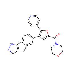 O=C(c1cc(-c2ccc3c(c2)Cc2cn[nH]c2-3)c(-c2ccncc2)o1)N1CCOCC1 ZINC000064510735