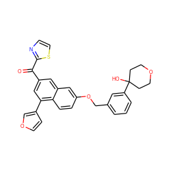 O=C(c1cc(-c2ccoc2)c2ccc(OCc3cccc(C4(O)CCOCC4)c3)cc2c1)c1nccs1 ZINC000013759179