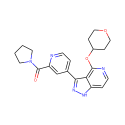 O=C(c1cc(-c2n[nH]c3ccnc(OC4CCOCC4)c23)ccn1)N1CCCC1 ZINC000114773235