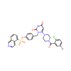 O=C(c1cc(Br)ccc1Cl)N1CCN(c2cc(=O)[nH]c(=O)n2Cc2ccc(OS(=O)(=O)c3cccc4cnccc34)cc2)CC1 ZINC000205367960