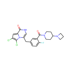 O=C(c1cc(Cc2c[nH]c(=O)c3cc(Cl)c(Cl)n23)ccc1F)N1CCC(N2CCC2)CC1 ZINC000045338435