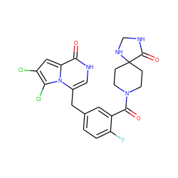 O=C(c1cc(Cc2c[nH]c(=O)c3cc(Cl)c(Cl)n23)ccc1F)N1CCC2(CC1)NCNC2=O ZINC000084382911