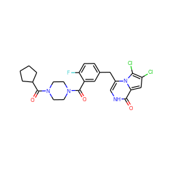 O=C(c1cc(Cc2c[nH]c(=O)c3cc(Cl)c(Cl)n23)ccc1F)N1CCN(C(=O)C2CCCC2)CC1 ZINC000045358326