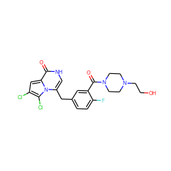 O=C(c1cc(Cc2c[nH]c(=O)c3cc(Cl)c(Cl)n23)ccc1F)N1CCN(CCO)CC1 ZINC000045340093