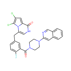 O=C(c1cc(Cc2c[nH]c(=O)c3cc(Cl)c(Cl)n23)ccc1F)N1CCN(c2cc3ccccc3cn2)CC1 ZINC000049756081