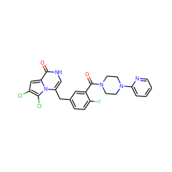 O=C(c1cc(Cc2c[nH]c(=O)c3cc(Cl)c(Cl)n23)ccc1F)N1CCN(c2ccccn2)CC1 ZINC000045390908