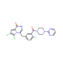 O=C(c1cc(Cc2c[nH]c(=O)c3cc(Cl)c(Cl)n23)ccc1F)N1CCN(c2ncccn2)CC1 ZINC000045335623