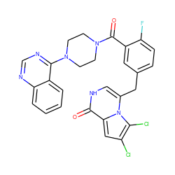 O=C(c1cc(Cc2c[nH]c(=O)c3cc(Cl)c(Cl)n23)ccc1F)N1CCN(c2ncnc3ccccc23)CC1 ZINC000049762345