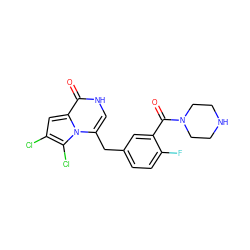 O=C(c1cc(Cc2c[nH]c(=O)c3cc(Cl)c(Cl)n23)ccc1F)N1CCNCC1 ZINC000045338504