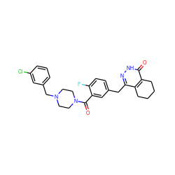 O=C(c1cc(Cc2n[nH]c(=O)c3c2CCCC3)ccc1F)N1CCN(Cc2cccc(Cl)c2)CC1 ZINC000146654685