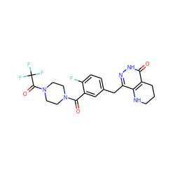 O=C(c1cc(Cc2n[nH]c(=O)c3c2NCCC3)ccc1F)N1CCN(C(=O)C(F)(F)F)CC1 ZINC000084689724