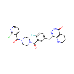 O=C(c1cc(Cc2n[nH]c(=O)c3c2NCCC3)ccc1F)N1CCN(C(=O)c2cccnc2Cl)CC1 ZINC000148955025