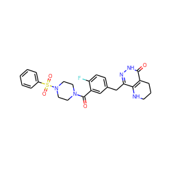 O=C(c1cc(Cc2n[nH]c(=O)c3c2NCCC3)ccc1F)N1CCN(S(=O)(=O)c2ccccc2)CC1 ZINC000148258237