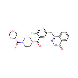 O=C(c1cc(Cc2n[nH]c(=O)c3ccccc23)ccc1F)N1CCN(C(=O)[C@@H]2CCOC2)CC1 ZINC000040950859