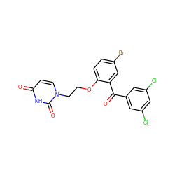 O=C(c1cc(Cl)cc(Cl)c1)c1cc(Br)ccc1OCCn1ccc(=O)[nH]c1=O ZINC000072127587