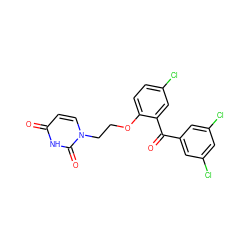 O=C(c1cc(Cl)cc(Cl)c1)c1cc(Cl)ccc1OCCn1ccc(=O)[nH]c1=O ZINC000072123519