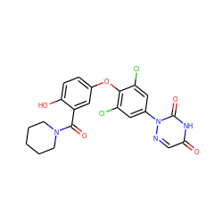 O=C(c1cc(Oc2c(Cl)cc(-n3ncc(=O)[nH]c3=O)cc2Cl)ccc1O)N1CCCCC1 ZINC000000590903