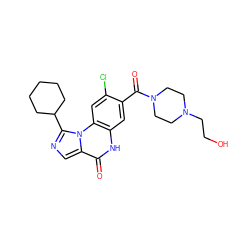 O=C(c1cc2[nH]c(=O)c3cnc(C4CCCCC4)n3c2cc1Cl)N1CCN(CCO)CC1 ZINC000201418649